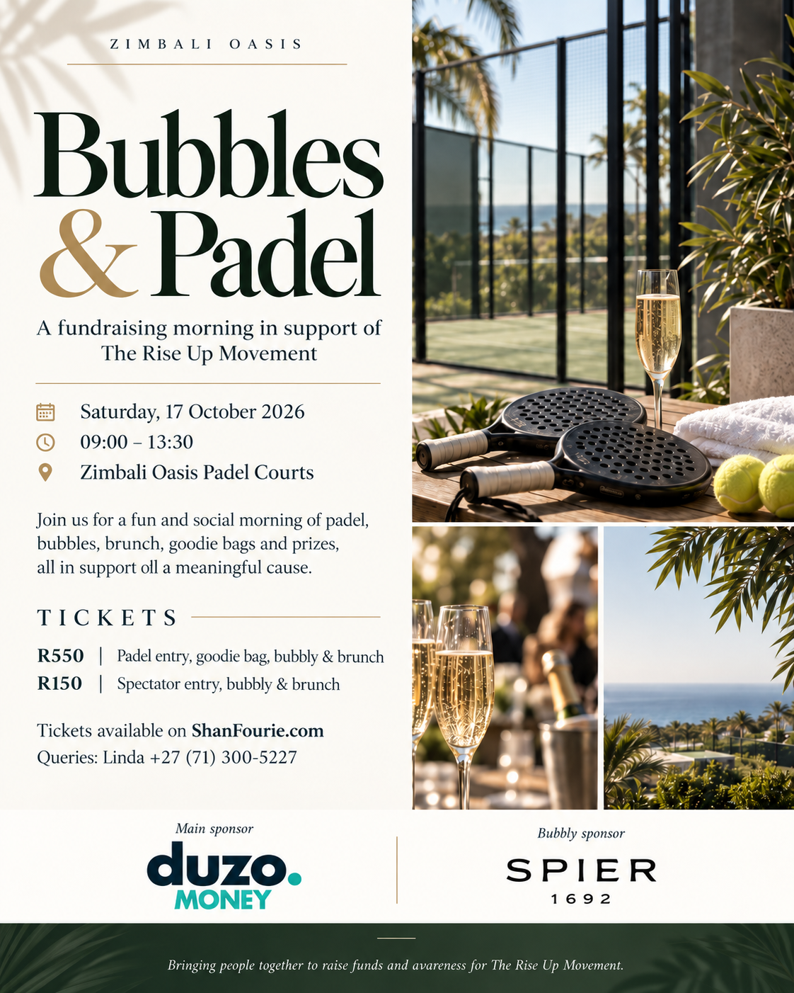Bubbles & Padel event flyer: Saturday 17 October 2026, 09:00–13:30, Zimbali Oasis Padel Courts